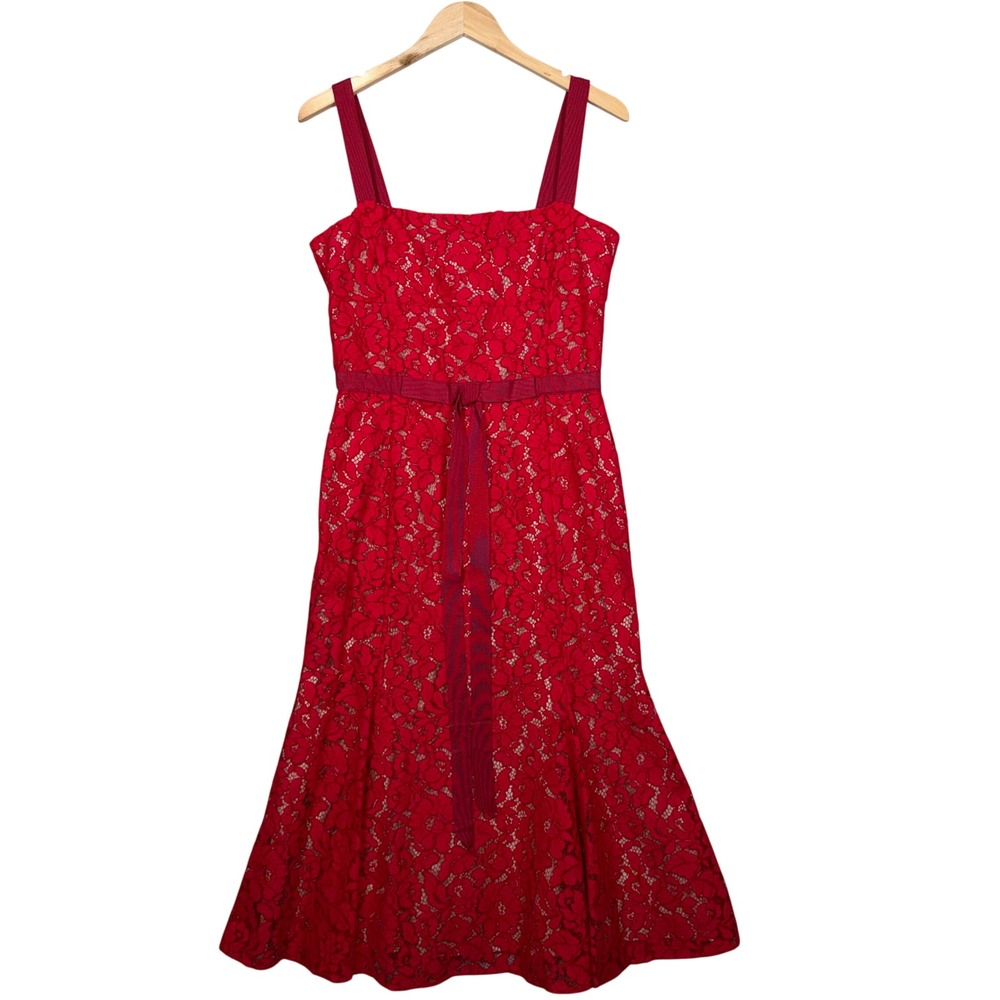 New Oscar De La Renta Dress 8 Red Fluted Lace Midi Silk Lined Italian NWT!